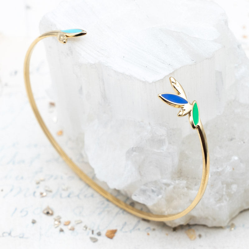 Blue & Green Enamel Leaves Gold Plated Stainless Steel Dainty Open Cuff  - Paris Find!