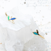 Load image into Gallery viewer, Blue &amp; Green Enamel Leaves Gold Plated Stainless Steel Dainty Open Cuff  - Paris Find!
