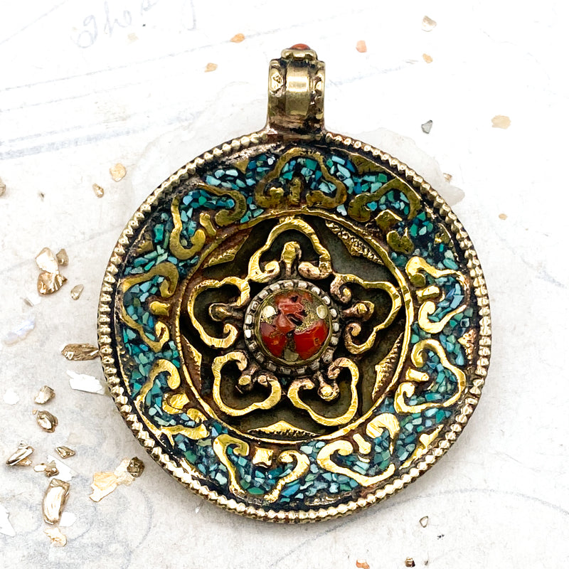 Round Shattered Turquoise & Brass Pendant