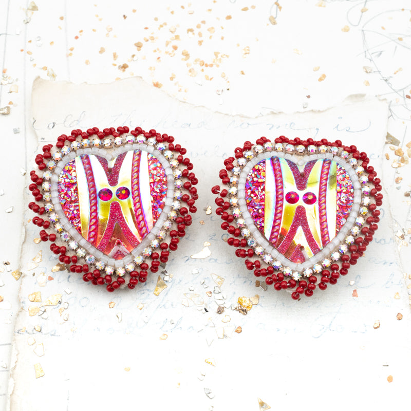 Pink Artisan Made Beaded Heart Earrings - Tucson Find