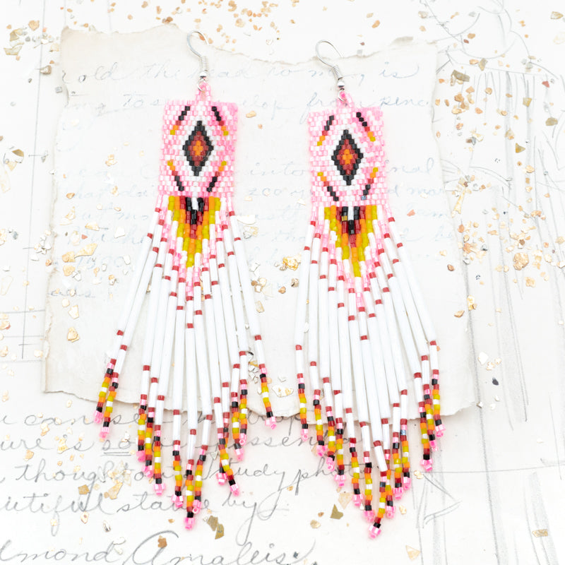 White and Pink Artisan Made Beaded Fringe Earrings - Tucson Find