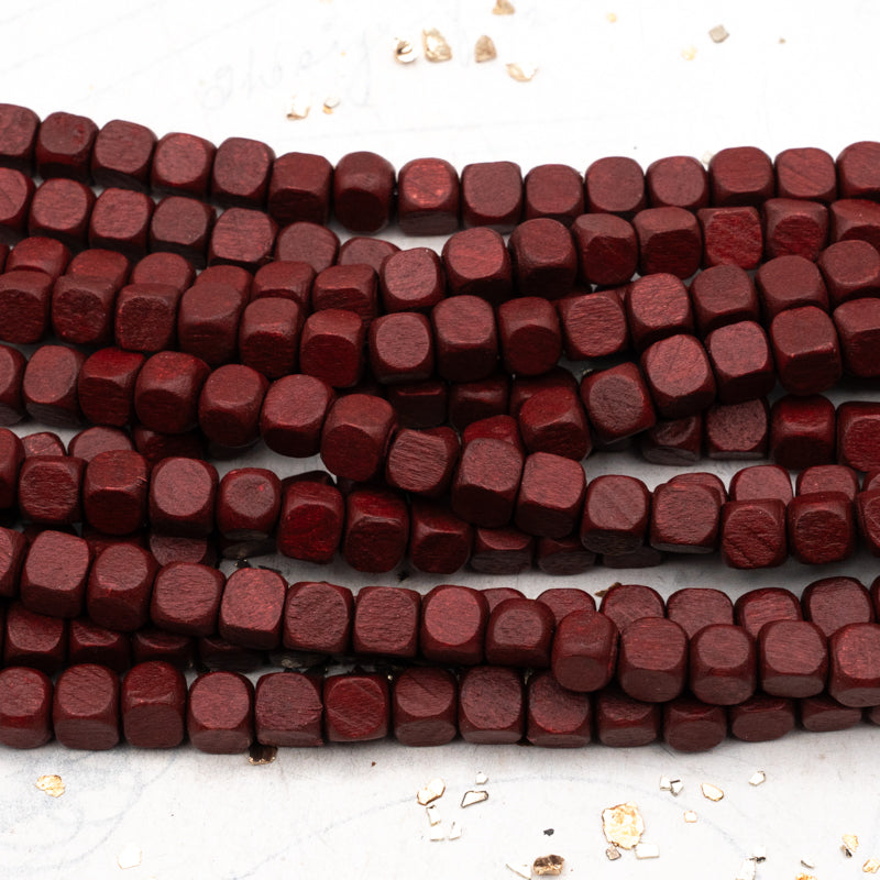 Dark Red Large Wooden Cube Bead Strand