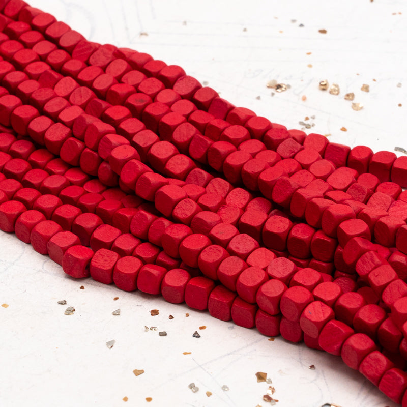 Bright Red Large Wooden Cube Bead Strand