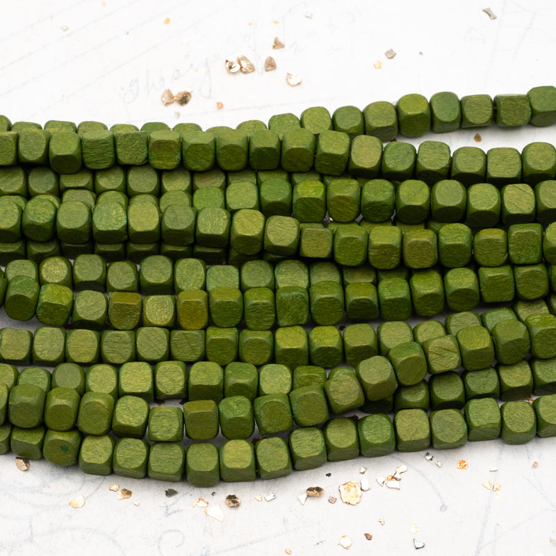 Olive Green Large Wooden Cube Bead Strand