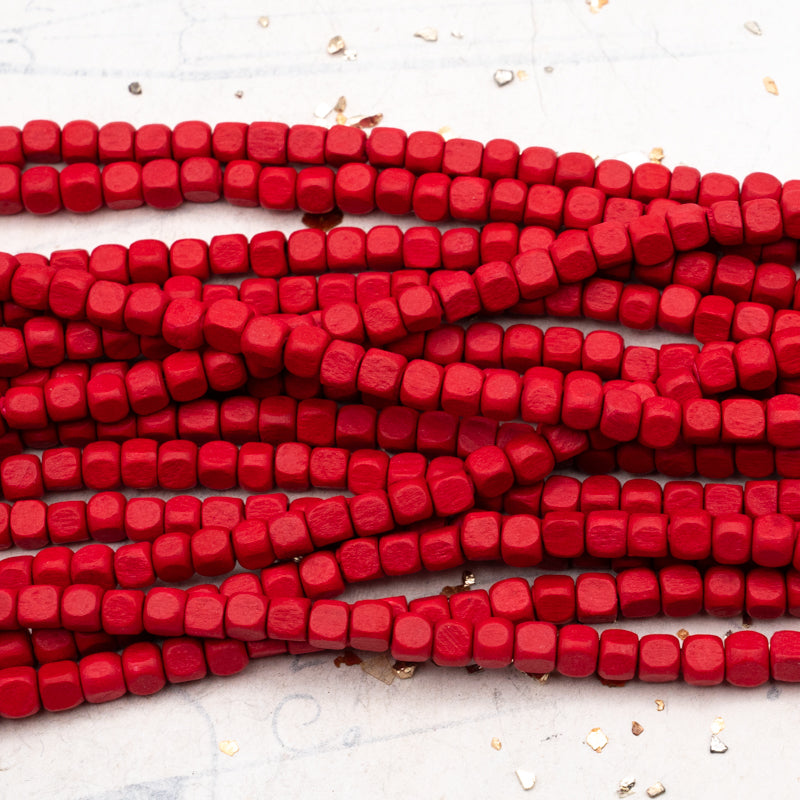 Small Bright Red Wooden Cube Bead Strand