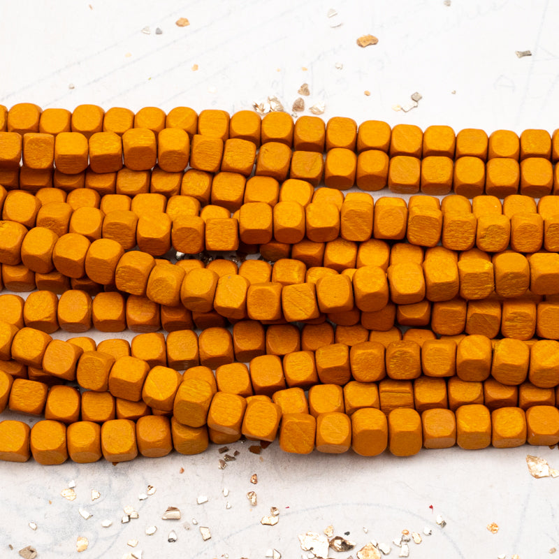 Ochre Large Wooden Cube Bead Strand