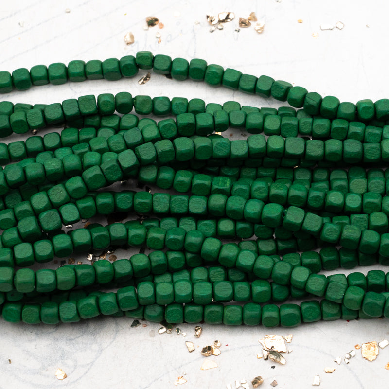 Small Forest Green Wooden Cube Bead Strand