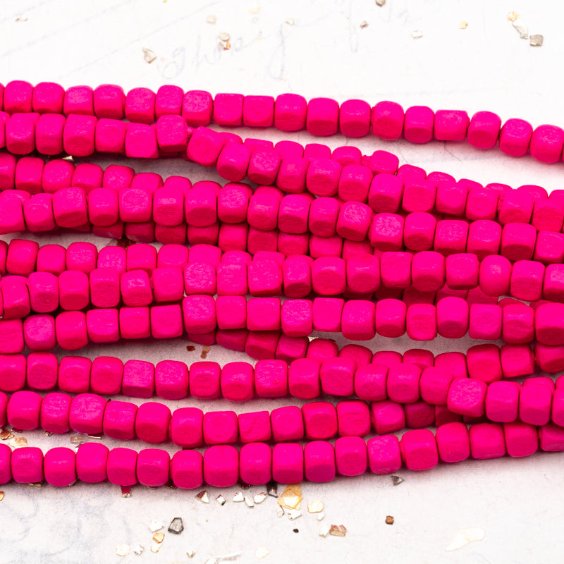 Small Bright Pink Wooden Cube Bead Strand