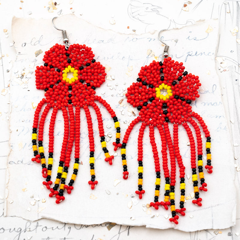 Red Beaded Flower Fringe Earrings - Tucson Find