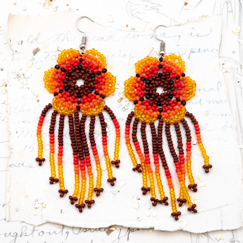 Orange and Brown Beaded Flower Fringe Earrings - Tucson Find