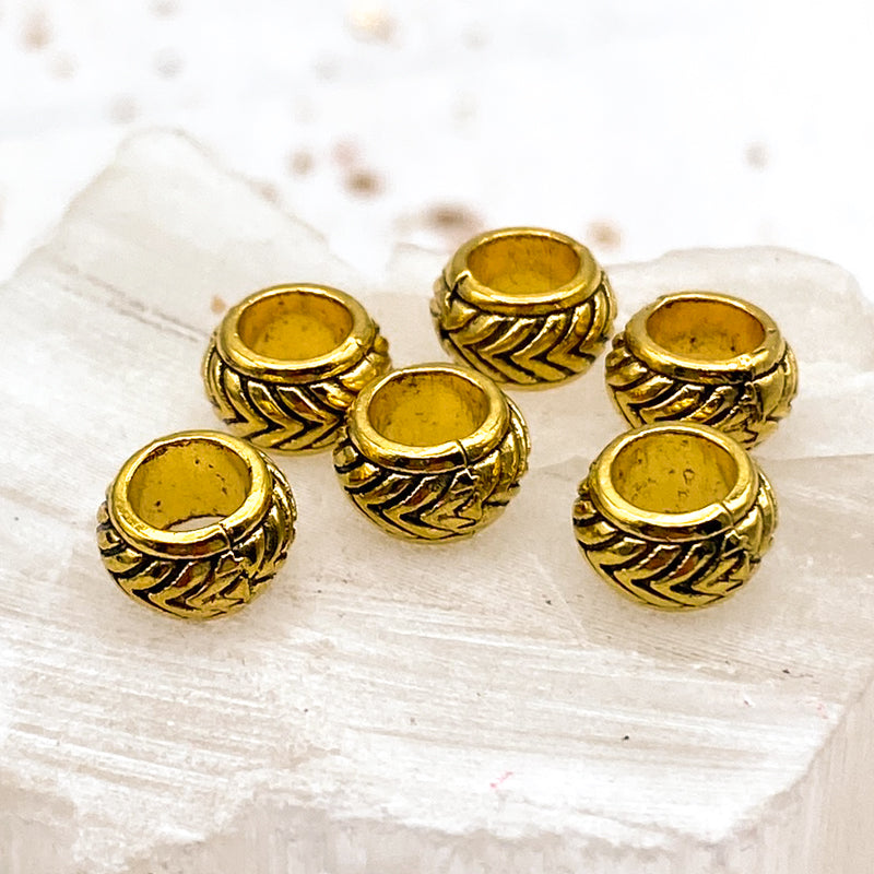 Braided Edge Large Hole Antique Gold Metal Spacer Beads - 6 pcs