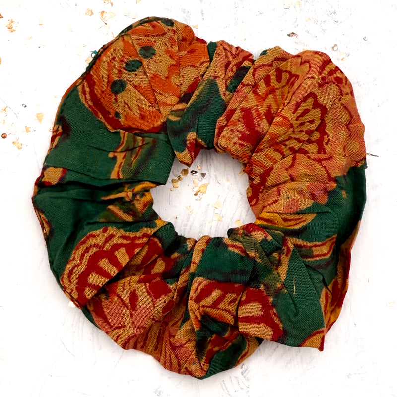 Dark Green & Tan Maroon Flowers Garden Scrunchie