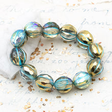 Load image into Gallery viewer, 10mm Transparent Glass with Gold Luster and a Turquoise Finish Faceted Melon Bead Strand
