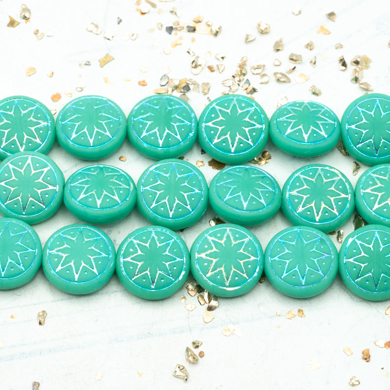 13mm Matte Turquoise and AB Finish Star of Ishtar Czech Bead Strand