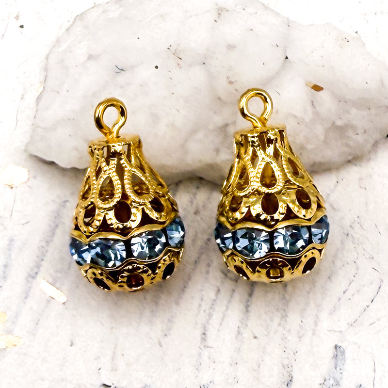 Gold and Light Blue Bell Charm Pair