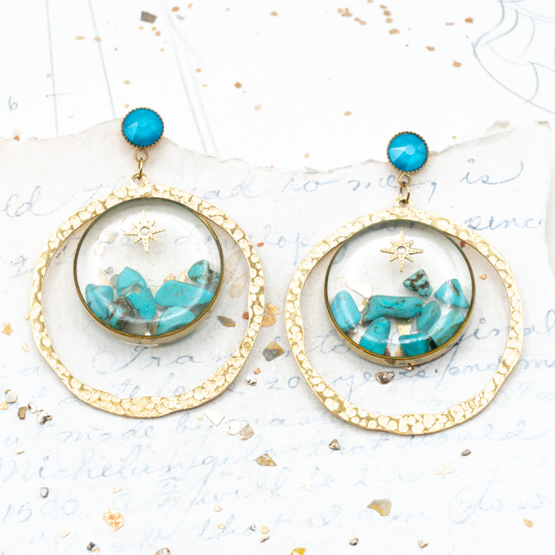 Turquoise in Resin Hoop Earrings with Aqua Posts  - Paris Find!