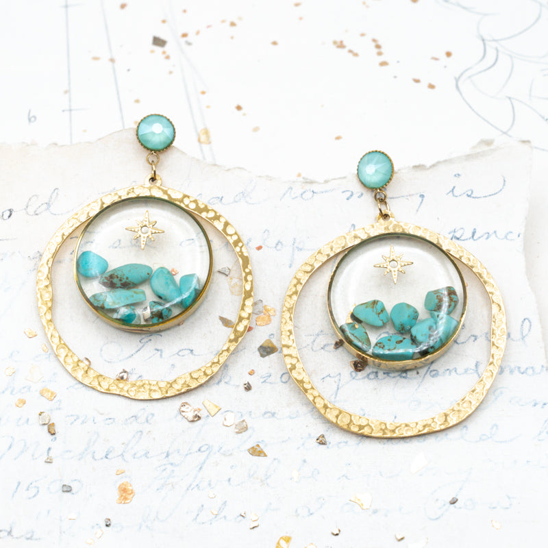 Turquoise in Resin Hoop Earrings with Turquoise Blue Opal Posts  - Paris Find!