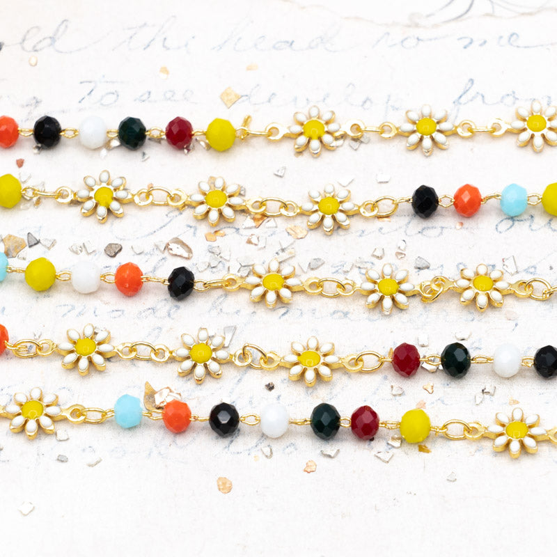 Daisy Link and Multicolor Bead Plated Brass Chain - 1 Foot
