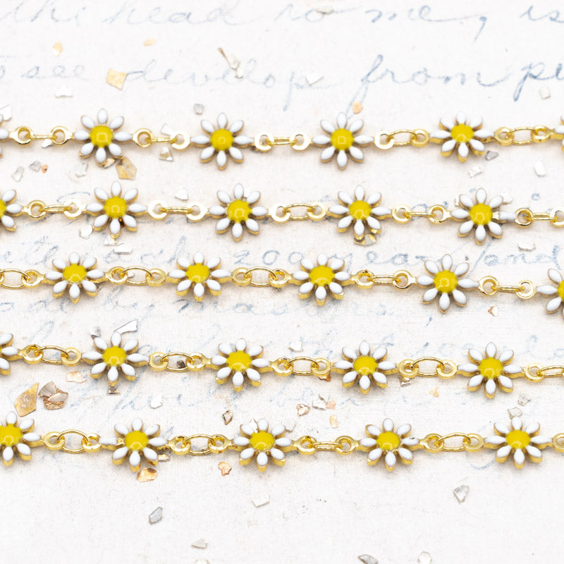 Enameled White Daisy Link Gold Plated Brass Chain - 1 Foot