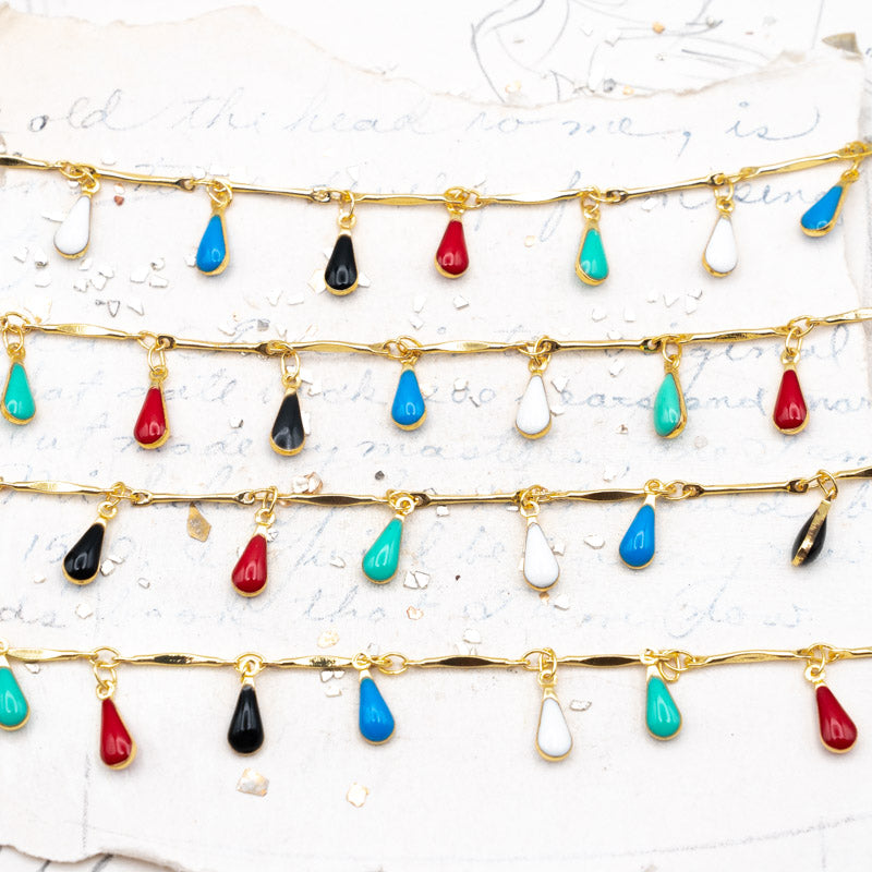 Colorful Enamel Gold Plated Brass Bar Link and Teardrop Chain - 1 Foot