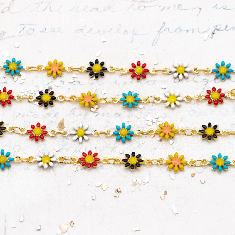 Enameled Multicolor Daisy Link Gold Plated Brass Chain - 1 Foot