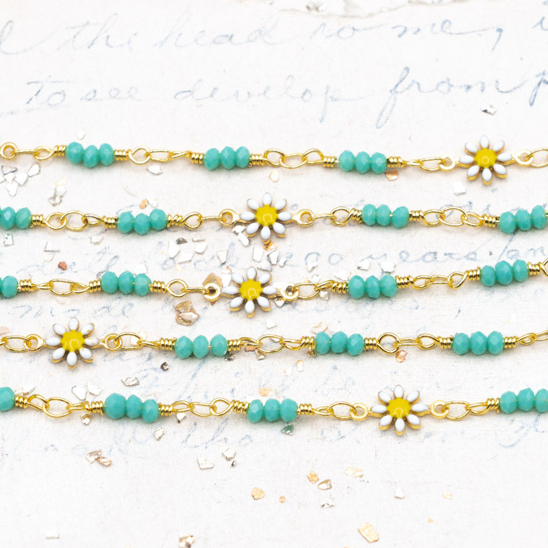 Daisy Link and Turquoise Beaded Plated Brass Chain - 1 Foot
