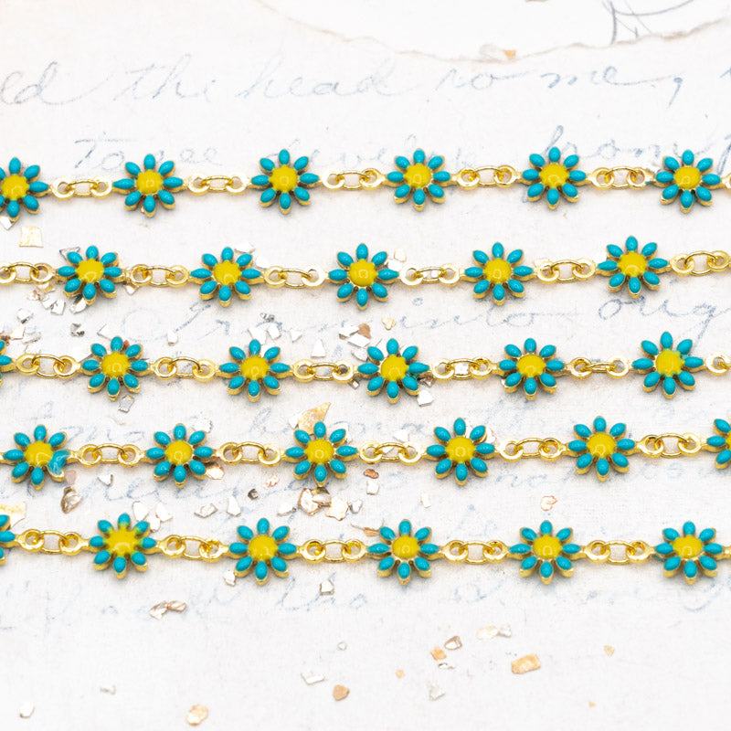 Enameled Turquoise Daisy Link Gold Plated Brass Chain - 1 Foot