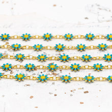 Load image into Gallery viewer, Enameled Turquoise Daisy Link Gold Plated Brass Chain - 1 Foot
