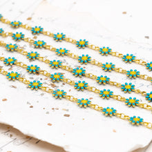 Load image into Gallery viewer, Enameled Turquoise Daisy Link Gold Plated Brass Chain - 1 Foot
