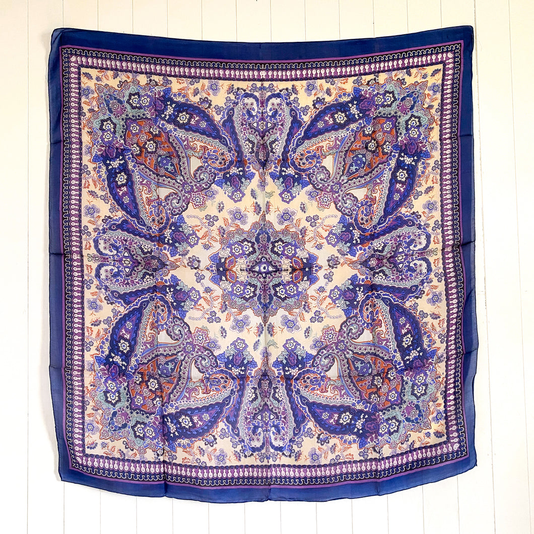 Blue Floral Paisley Printed Silk Blend Square Scarf - Paris Find!