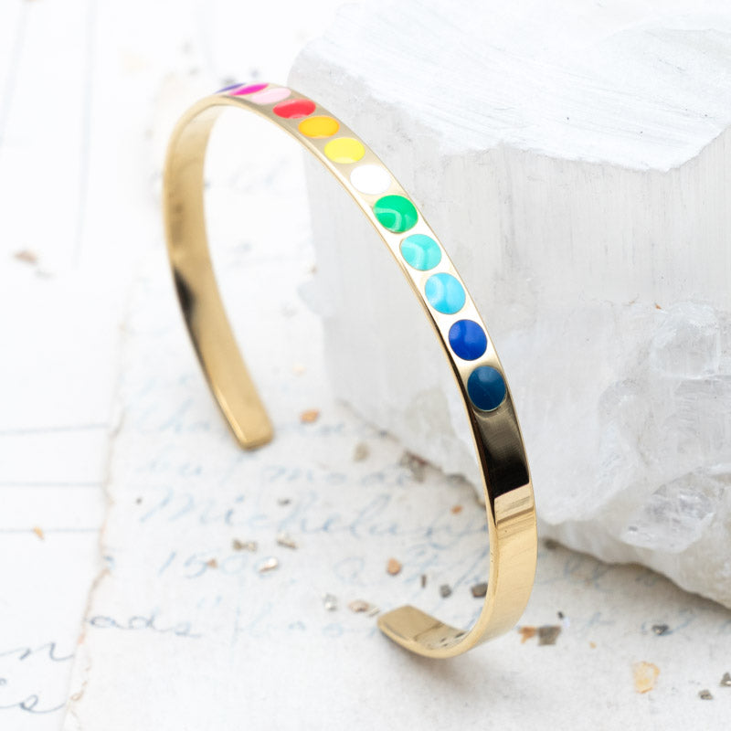Rainbow Dots Enamel Gold Plated Stainless Steel Open Cuff  - Paris Find!