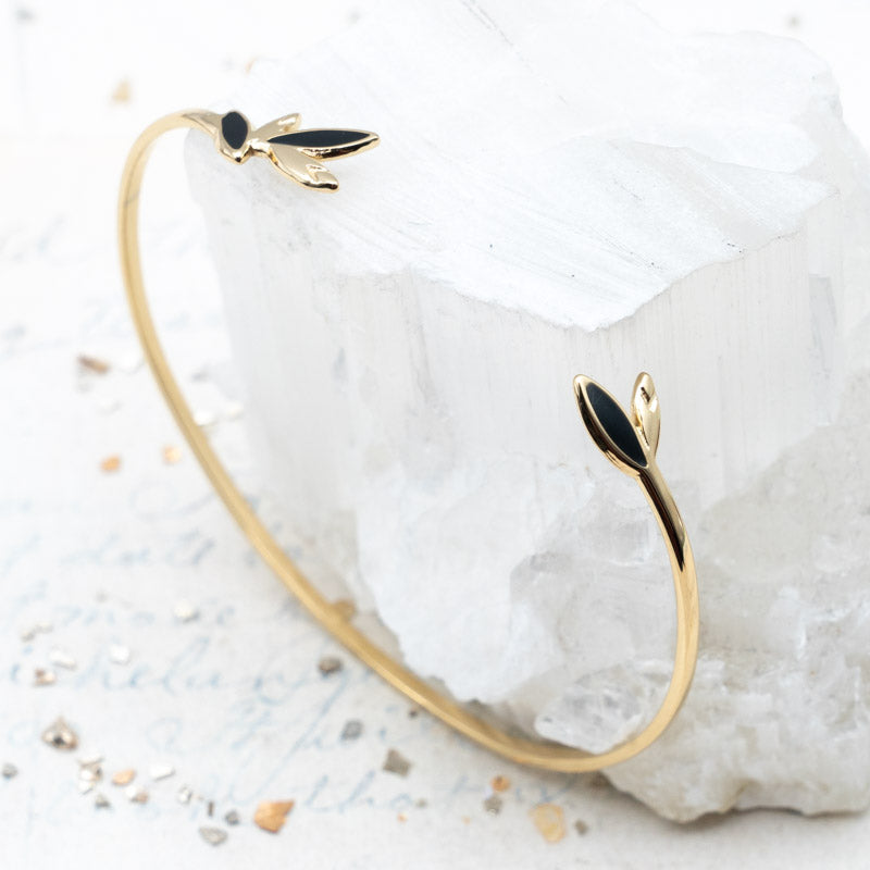 Black Enamel Leaves Gold Plated Stainless Steel Dainty Open Cuff  - Paris Find!