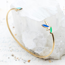 Load image into Gallery viewer, Blue &amp; Green Enamel Leaves Gold Plated Stainless Steel Dainty Open Cuff  - Paris Find!
