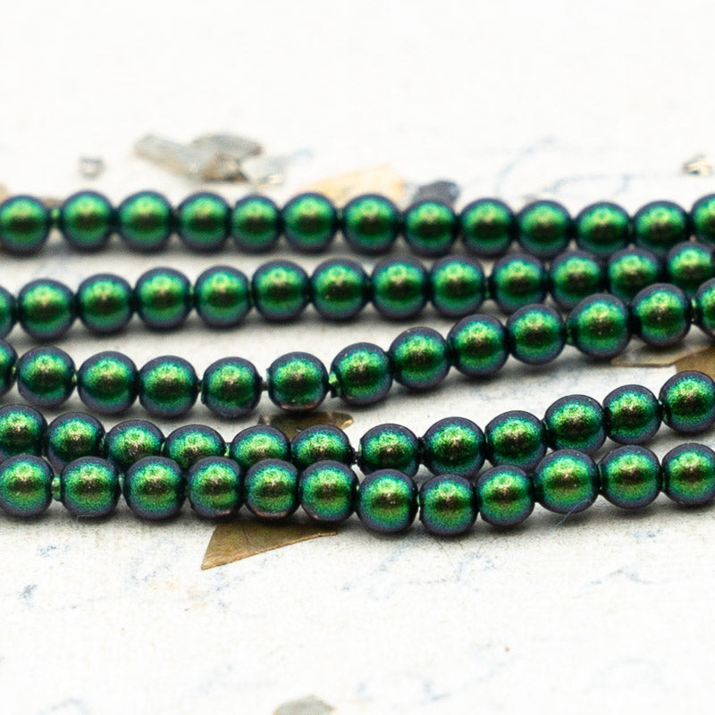 Discontinued Color - 2mm Scarabaeus Green Premium Crystal Pearl Bead Strand - 2 Inches