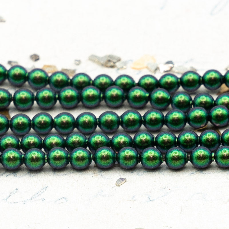Discontinued Color - 3mm Scarabaeus Green Premium Crystal Pearl Bead Strand - 3 Inches