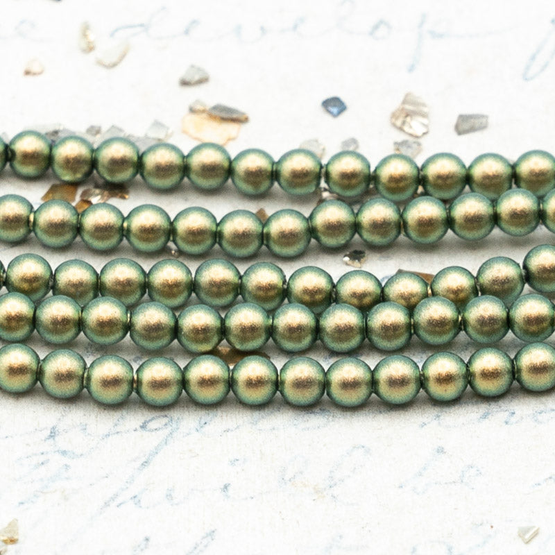 3mm Iridescent Green Premium Crystal Pearl Bead Strand - 3 Inches