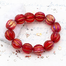 Load image into Gallery viewer, 10mm Matte Ruby Red with AB Finish and Copper Wash Faceted Melon Bead Strand
