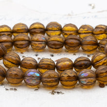 Load image into Gallery viewer, 8mm Matte Amber with AB Finish and Gold Wash Faceted Melon Bead Strand
