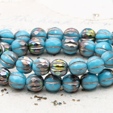 Load image into Gallery viewer, 8mm Sky Blue with AB Finish and Metallic Beige Wash Faceted Melon Bead Strand
