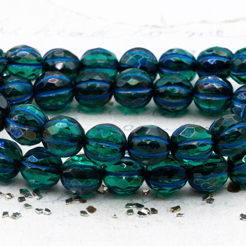 8mm Emerald with Cobalt Finish and Blue Wash Faceted Melon Bead Strand