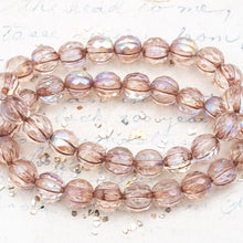 Load image into Gallery viewer, 8mm Transparent Glass with AB and Metallic Beige Finishes Faceted Melon Bead Strand
