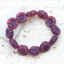 Load image into Gallery viewer, 12mm Rosewood with Purple Wash Hibiscus Flower Czech Bead Strand
