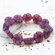Load image into Gallery viewer, 12mm Rosewood with Purple Wash Hibiscus Flower Czech Bead Strand
