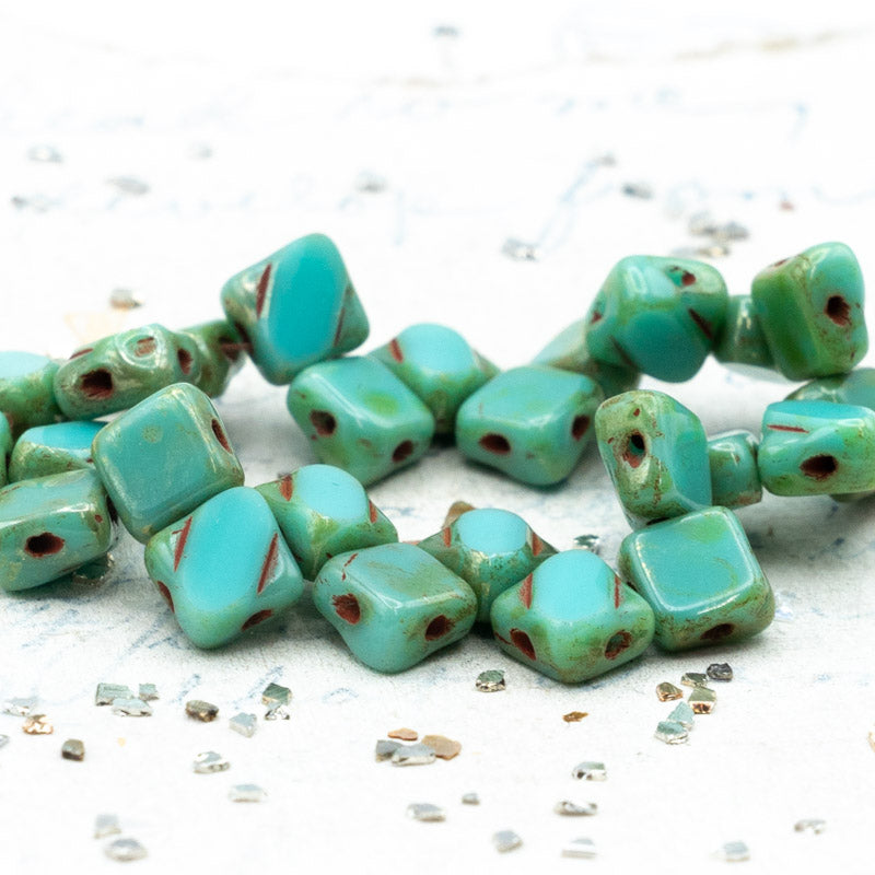 6mm Tea Green and Sea Green with Picasso and Coral Wash Finish 2-Hole Silky Bead Strand