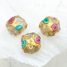 Load image into Gallery viewer, Pink Roses on Gold Cube Vintage Lampwork Glass Bead - Paris Find
