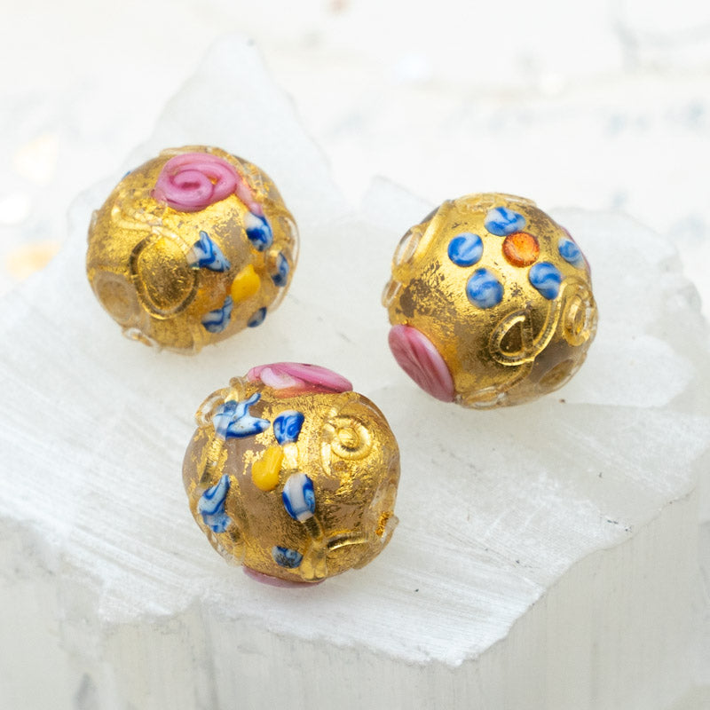 Pink Roses on Gold Round Vintage Lampwork Glass Bead - Paris Find