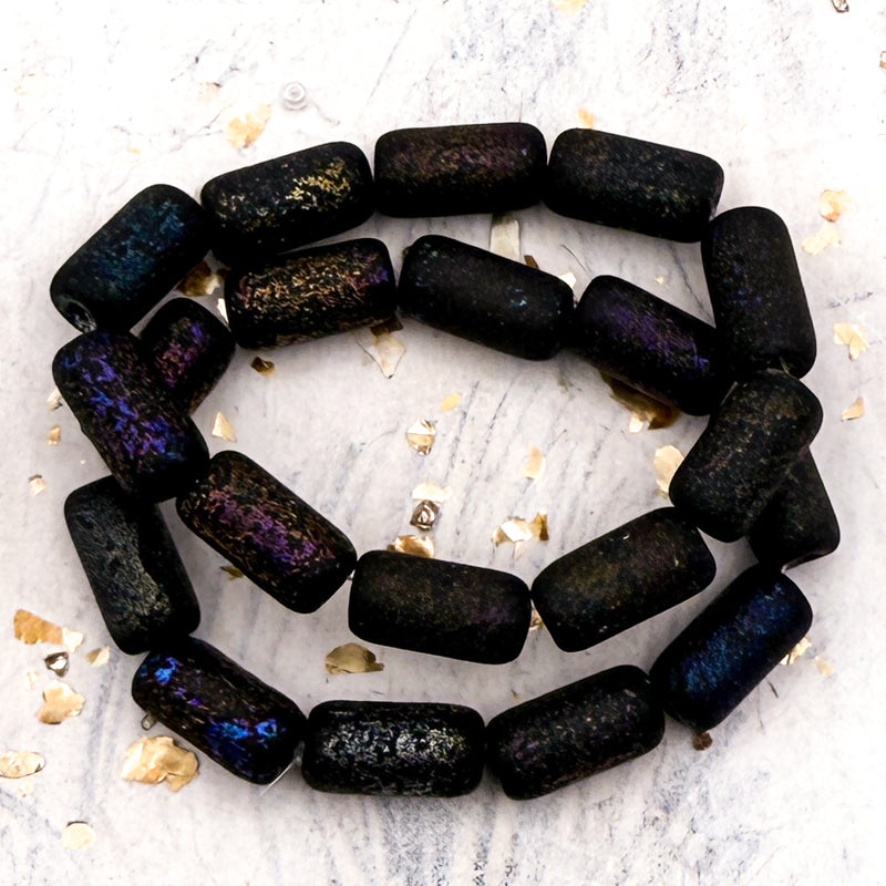 Pre-Order 14x7mm Large Hole Tube Black with Etched and Metallic Purple, Blue, Pink, and Gold Finishes Bead Strand