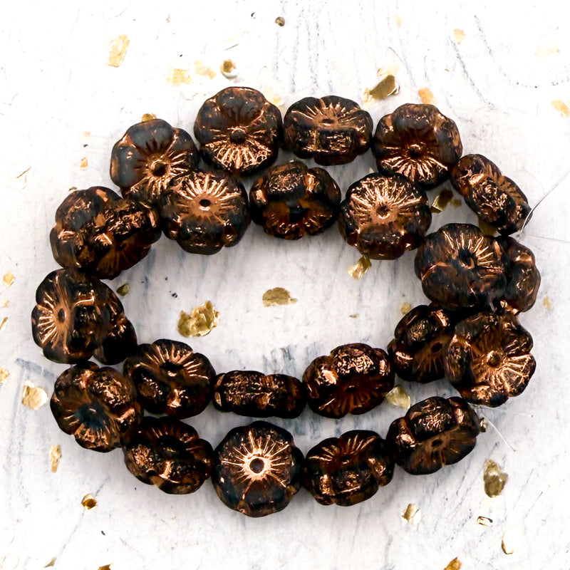 Pre-Order 12mm Grey with an Etched Finish and a Copper Wash Hibiscus Flower Bead Strand