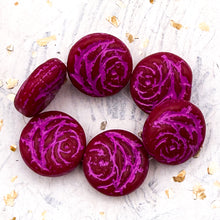 Load image into Gallery viewer, 17mm Rose Coin Ruby Red with Etched Finish and Pink Wash Bead Strand

