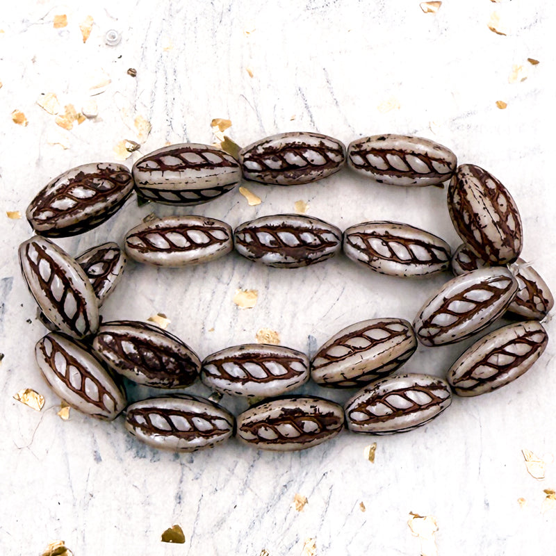 Pre-Order 15x9mm Twisted Oval White with a Brown Wash Bead Strand